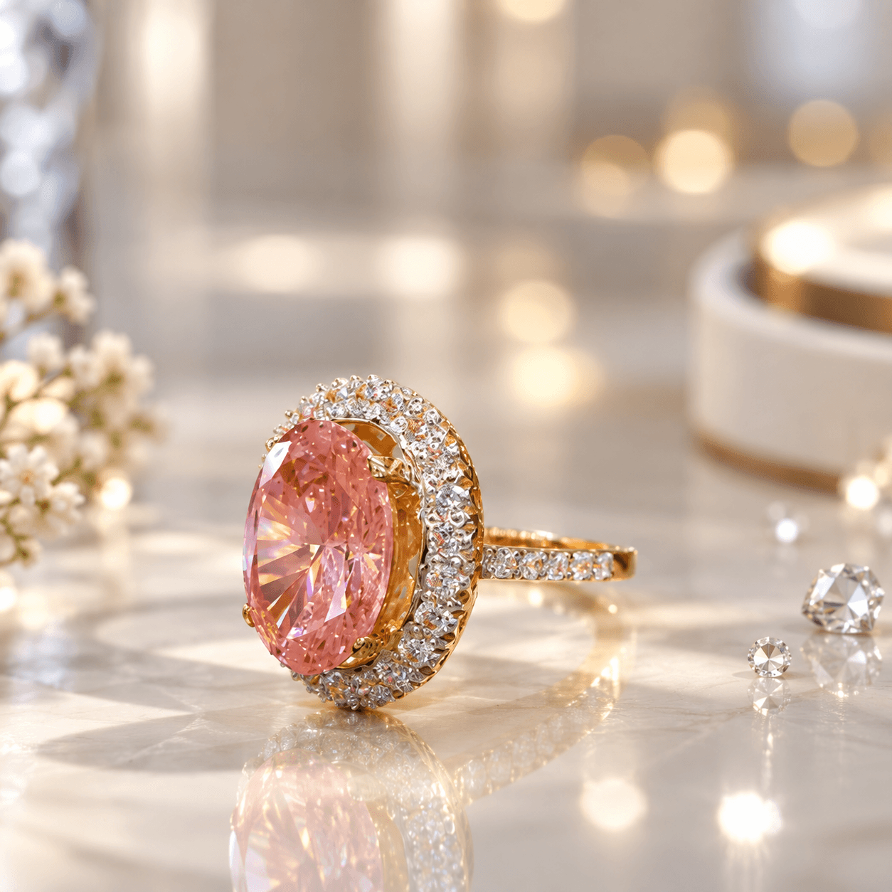 Rare Pink & White Diamond Solitaire Ring